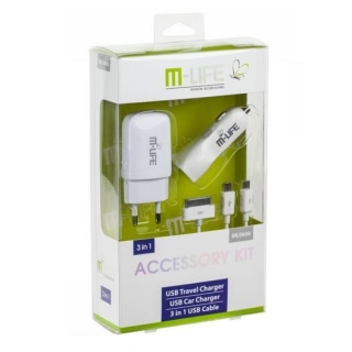 Zestaw M-LIFE (ML0606) ładowarka sieciowa USB 1A ładowarka samochodowa 2.1A Kabel USB 3w1